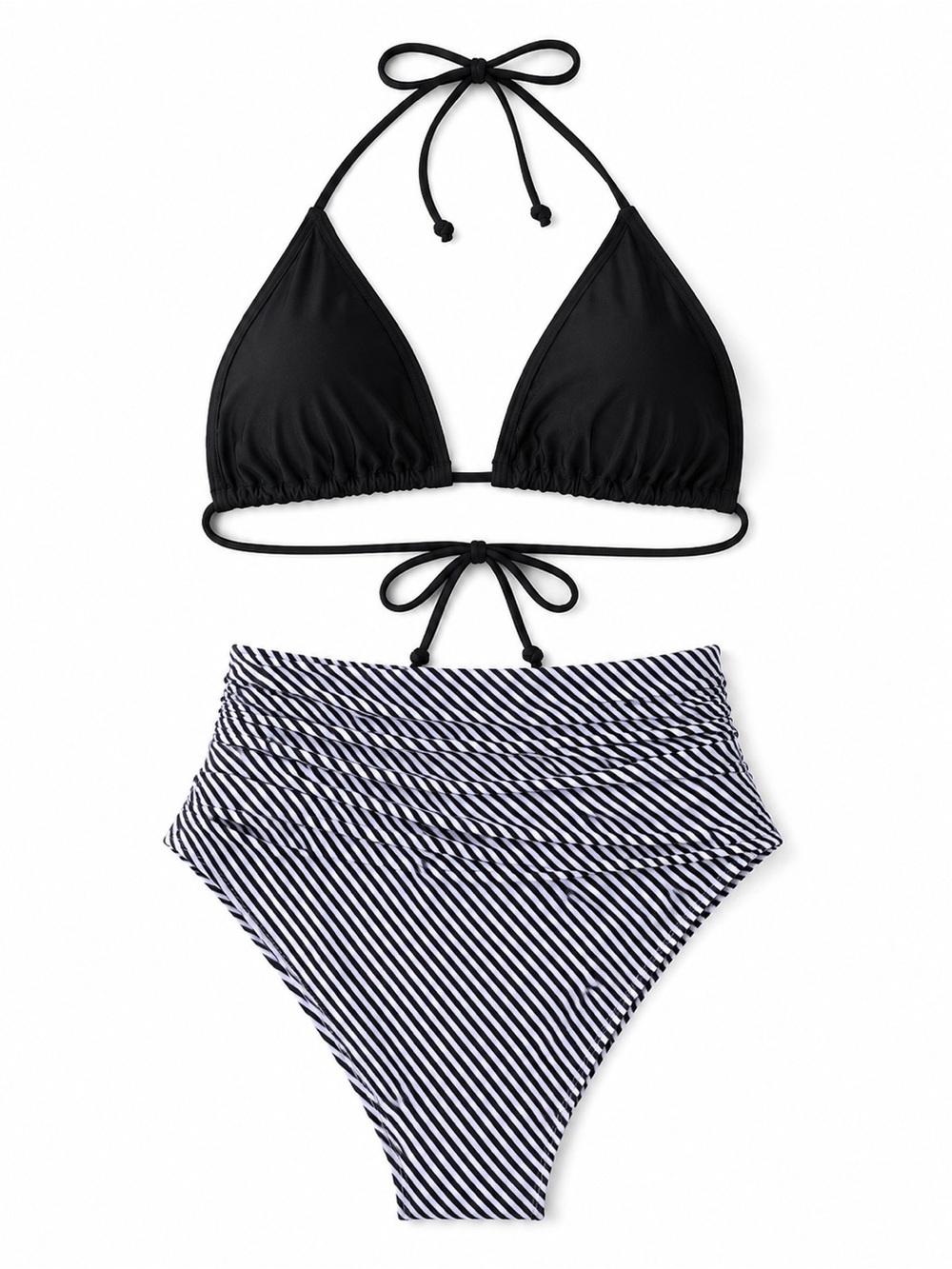 NWOT Black & White Striped High Waist Bikini Set Halter Tie 2-Piece Swimsuit